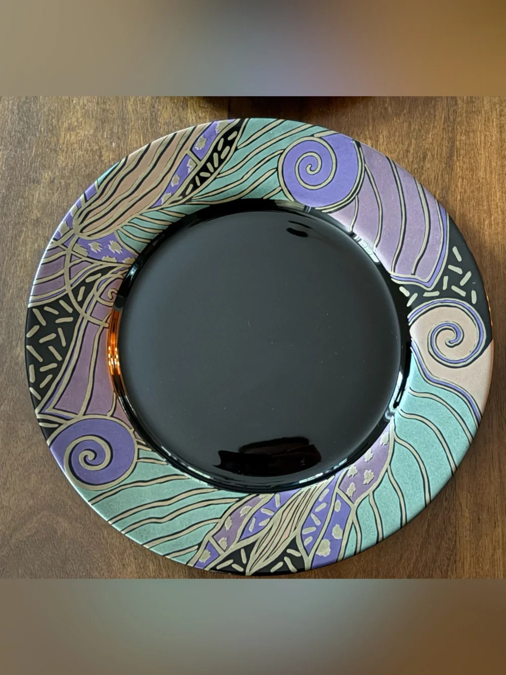 VTG Arcoroc “Tampico” 12 pc Black Plates & Saucer Set Abstract Purple Teal Rim